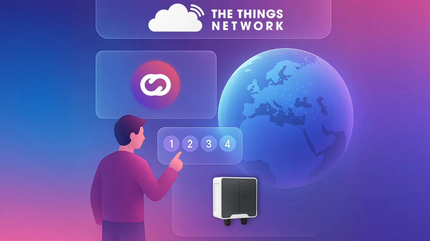 Ilustración de una persona conectando dispositivos LoRaWAN a la plataforma Gear Studio a través de The Things Network, con un globo digital de fondo que representa la conectividad IoT global.