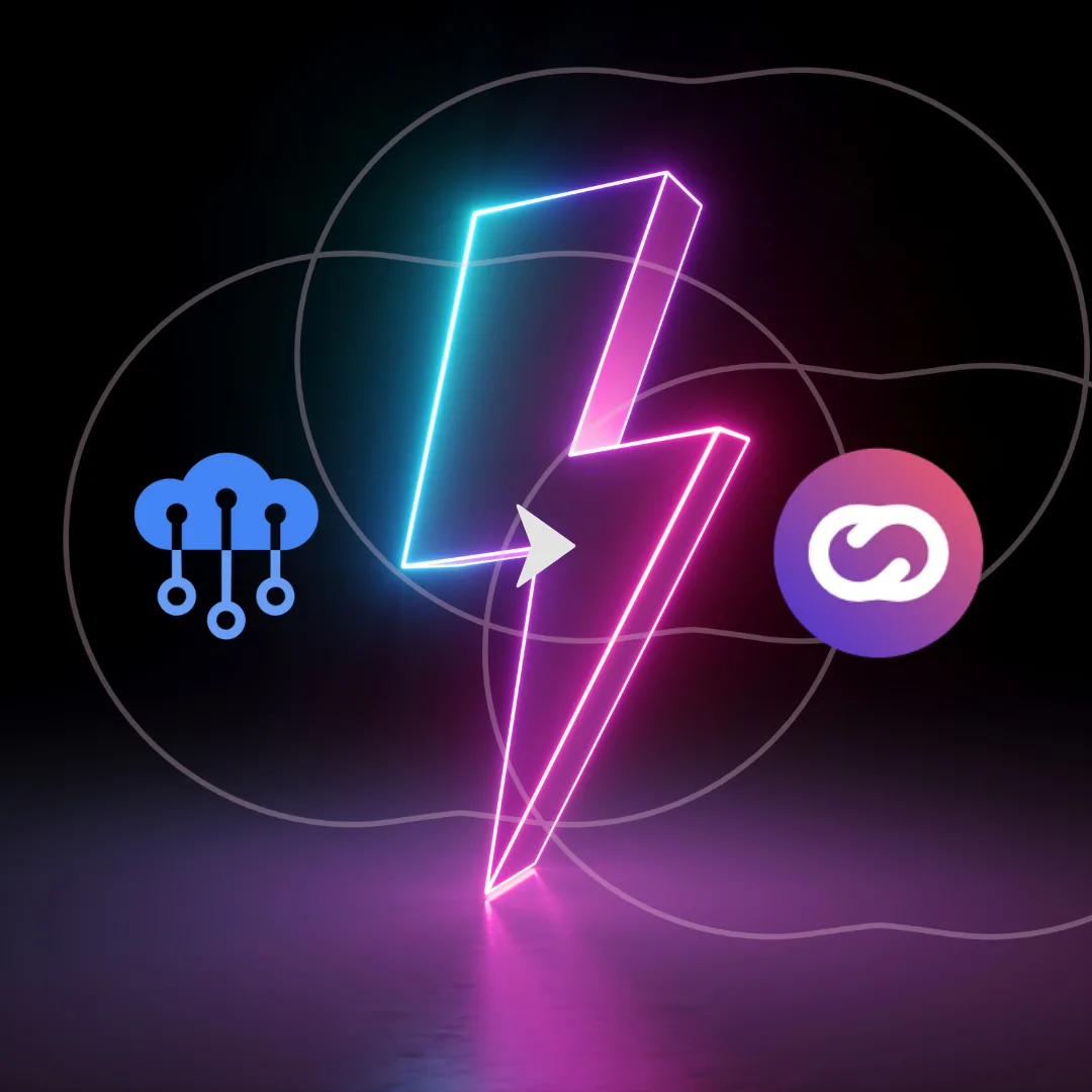 Visual of a glowing neon lightning bolt with an arrow pointing from the Google IoT Core icon to the Cloud Studio logo, symbolizing a fast and powerful migration between IoT platforms.