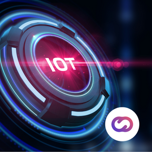 Futuristic glowing button with the word 'IoT' in the center, surrounded by neon-blue circular elements, representing Internet of Things technology, with the Cloud Studio logo in the corner.