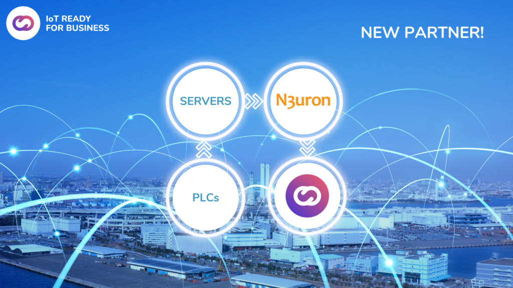 Two interlocking puzzle pieces with the logos of Cloud Studio and N3uron, symbolizing partnership. In the background, a modern industrial facility with digital overlays showing connected assets, dashboards, and real-time data flow.