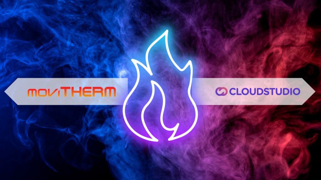 MoviTHERM and Cloud Studio logos connected by a glowing fire icon over a background of red and blue smoke.