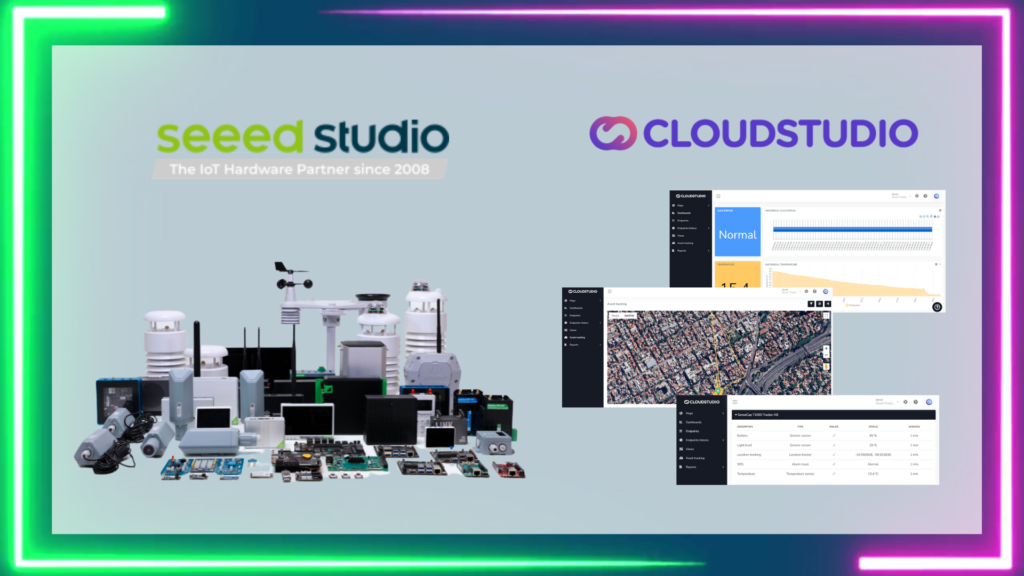 Seeed Studio and Cloud Studio partnership visual showcasing IoT hardware devices alongside Cloud Studio's monitoring dashboards, framed by a neon gradient border.