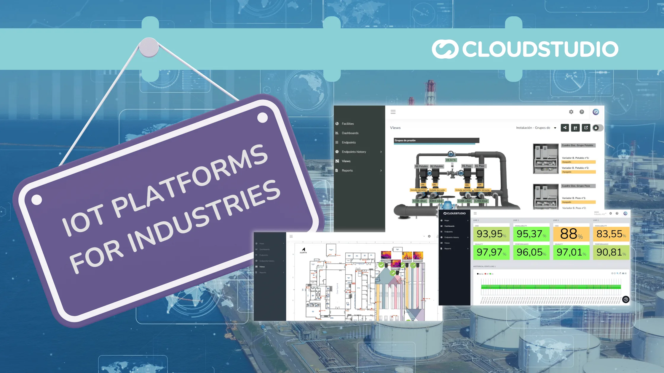 Capturas de pantalla de dashboards IoT industriales sobre un fondo de una planta industrial (posiblemente de petróleo o gas), con un cartel morado que dice “IoT Platforms for Industries” y el logo de Cloud Studio en la parte superior. Representa el auge de las plataformas IoT en entornos industriales.
