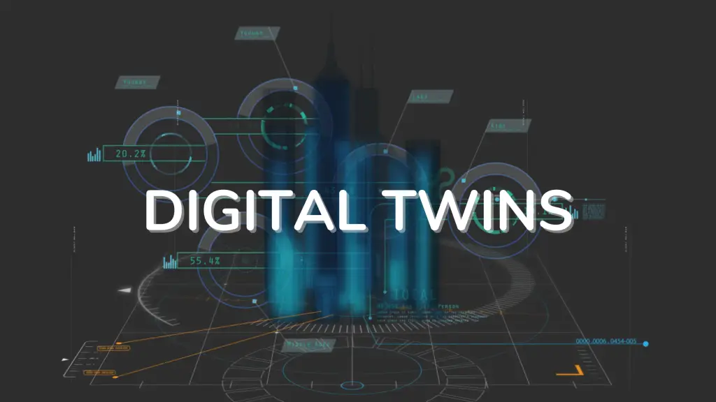 Futuristic visual of digital cityscape with the title 'Digital Twins', representing the concept of virtual replicas for Industrial IoT applications.