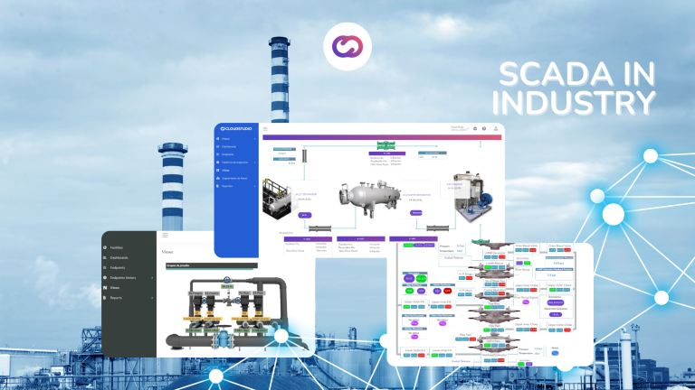 Collage de paneles modernos de SCADA sobre un fondo de instalaciones industriales, que ilustra la integración de sistemas SCADA en operaciones industriales.