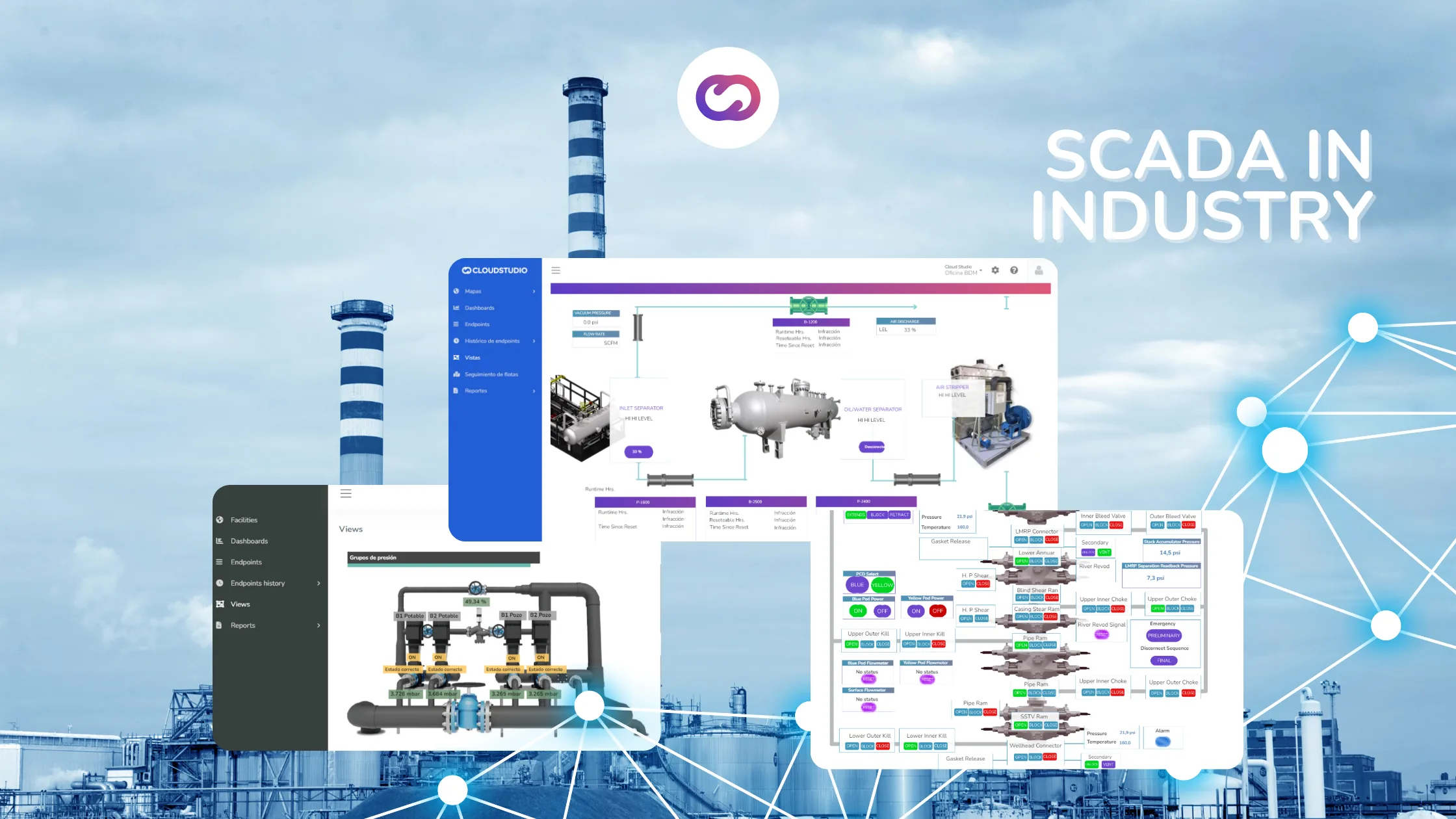 Collage de paneles modernos de SCADA sobre un fondo de instalaciones industriales, que ilustra la integración de sistemas SCADA en operaciones industriales.