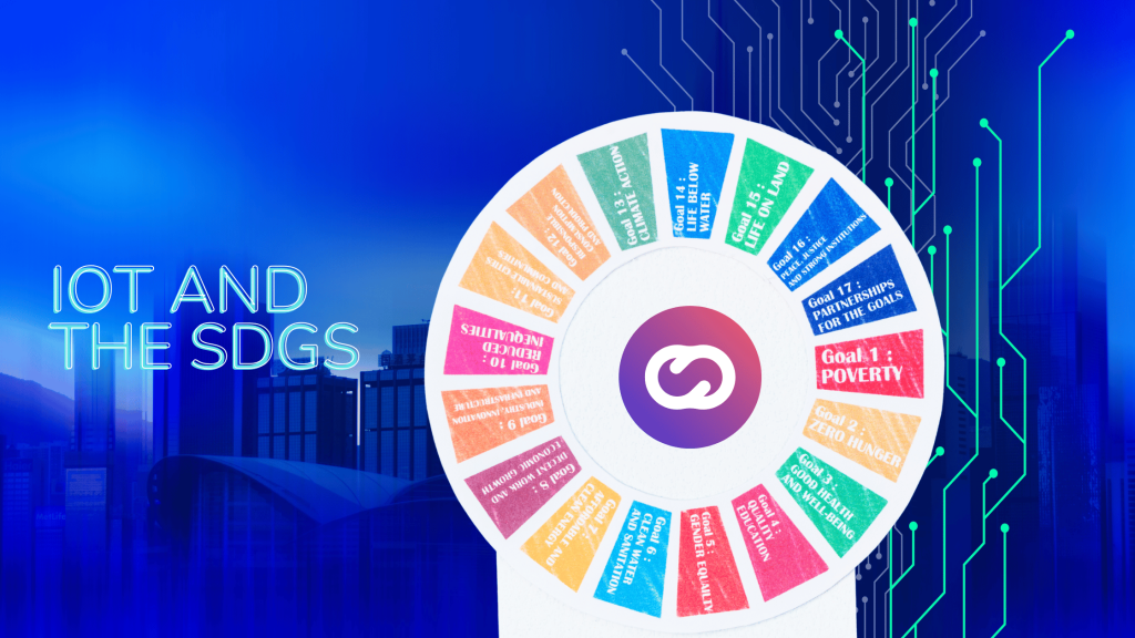 Rueda colorida con los 17 Objetivos de Desarrollo Sostenible (ODS) que rodean el logo de Cloud Studio, sobre un fondo de ciudad futurista y circuitos digitales. El título dice “IoT and the SDGs”. Representa el papel de Cloud Studio en el impulso de la sostenibilidad mediante tecnología IoT.
