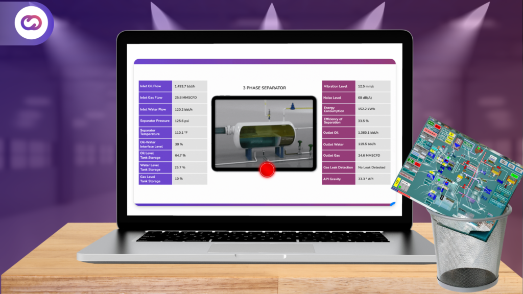 Portátil mostrando una interfaz digital moderna con datos en tiempo real de un separador trifásico, representando cómo la plataforma de Cloud Studio transforma los sistemas SCADA tradicionales.