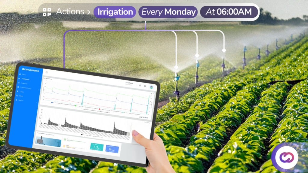 Smart irrigation system in a crop field managed from a tablet interface, showing how IoT technology automates and monitors agricultural processes in real time.