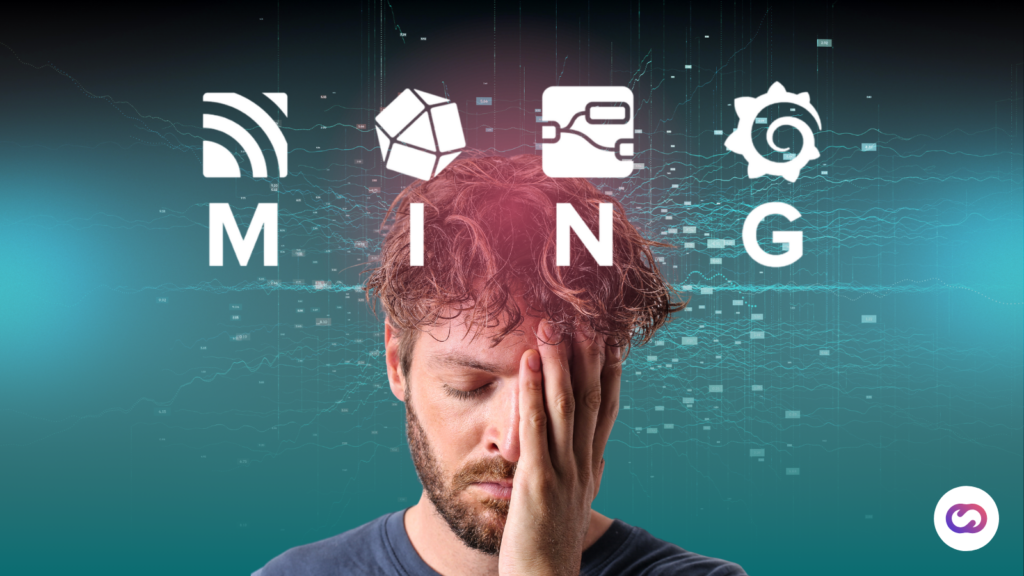 Hombre frustrado con la mano en la frente bajo íconos que forman la palabra "MING", representando herramientas open source para IoT y la complejidad de usarlas en proyectos de localización de activos