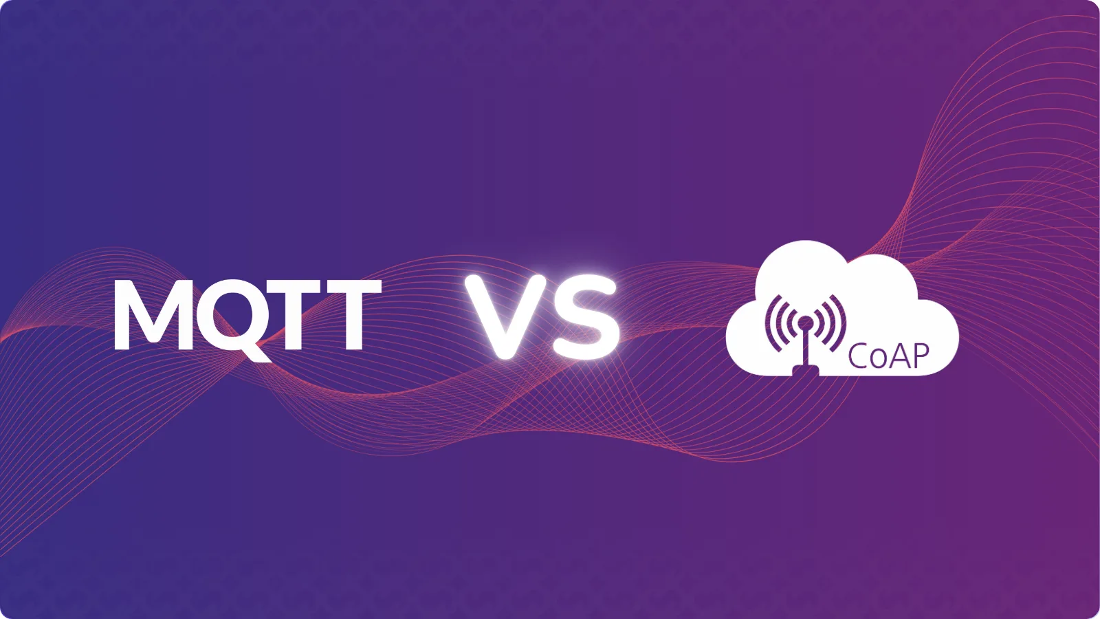 Representación visual con el texto "MQTT vs CoAP" sobre un fondo degradado púrpura, con íconos minimalistas que simbolizan ambos protocolos. Imagen destinada a ilustrar la comparación entre dos estándares clave de comunicación IoT.