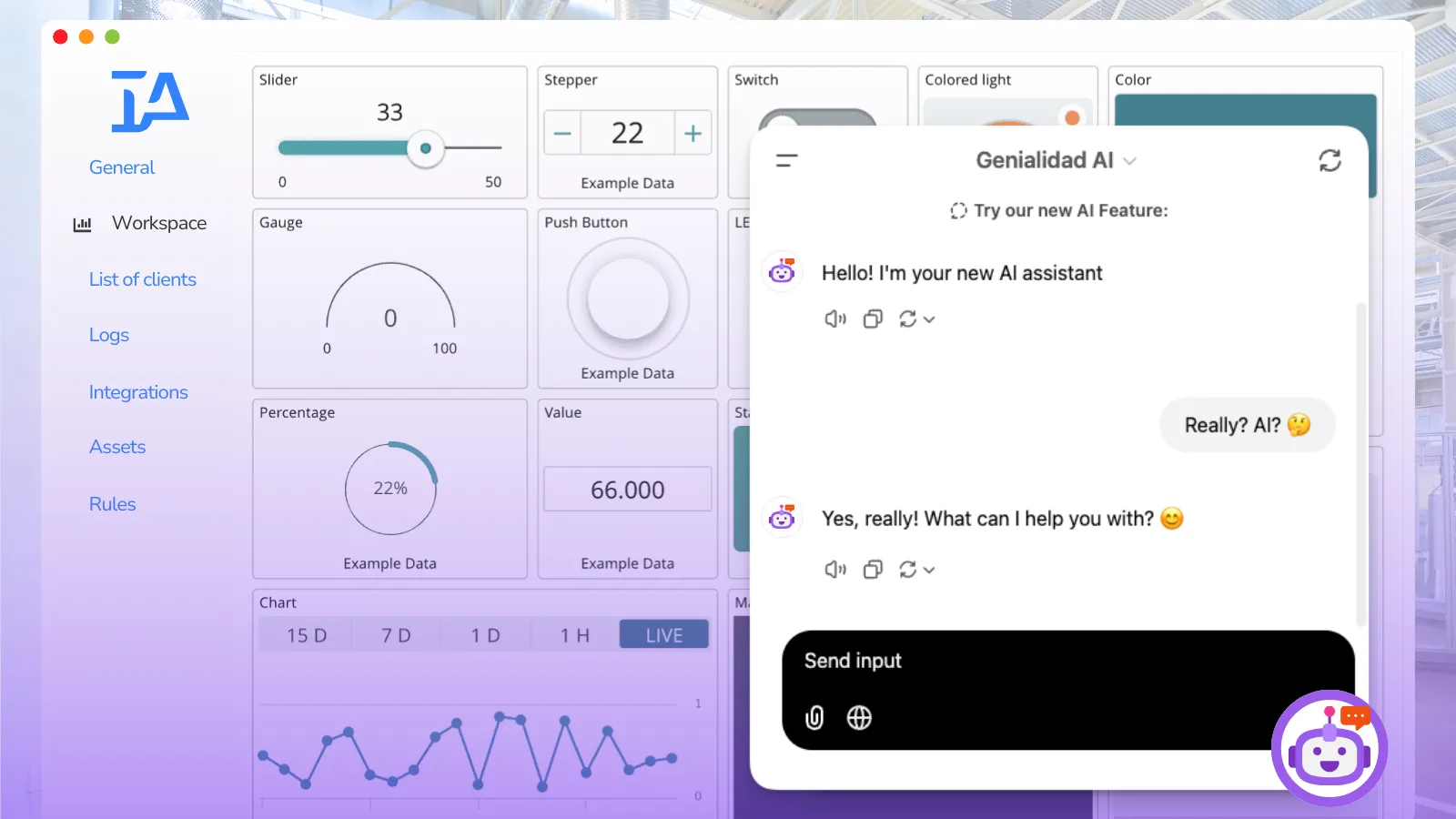 Dashboard interface showing AI-powered assistant chatting in real time over an IoT analytics platform, illustrating the integration of artificial intelligence with IoT systems.