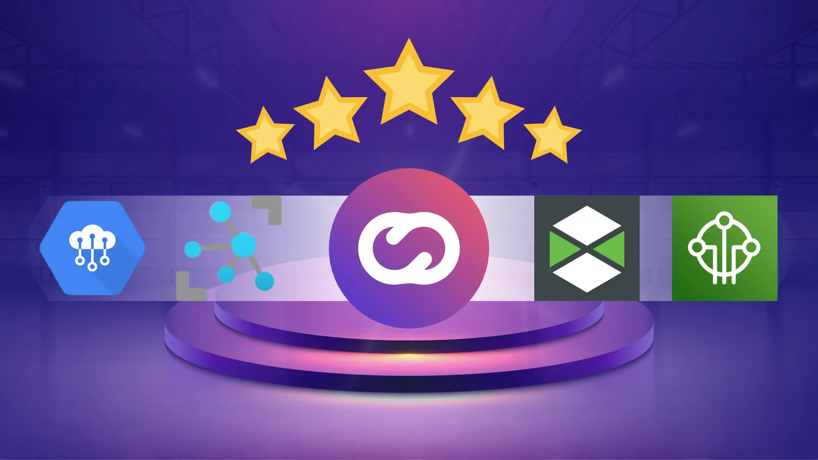 Ilustración de plataformas IoT mejor valoradas con cinco estrellas sobre el logo destacado de Cloud Studio, acompañado de otros logos de plataformas líderes en un escenario violeta.