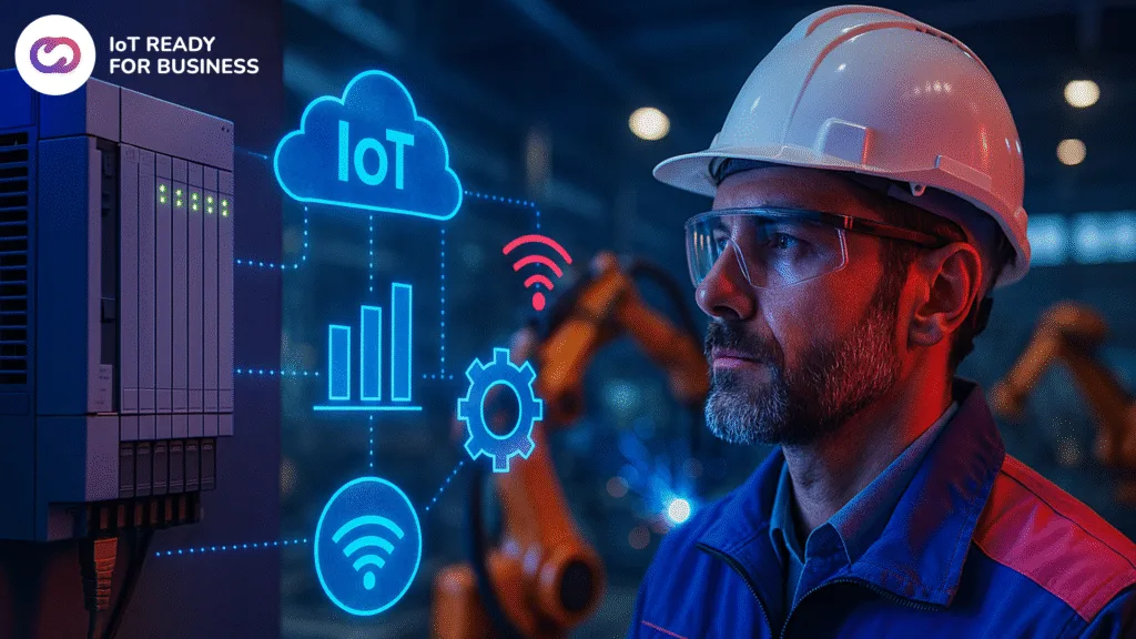 Industrial engineer wearing safety glasses and a white helmet, standing in a smart factory. Digital overlay shows IoT cloud icon, wireless signals, bar chart, gear, and connectivity symbols, representing industrial Internet of Things integration.