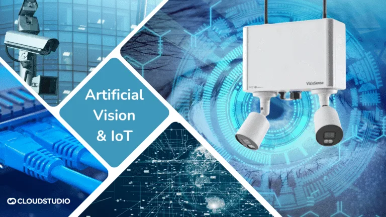 Collage of images showcasing artificial vision and IoT technologies, including surveillance cameras, data cables, digital visualizations, and a dual-lens smart sensor device labeled “Artificial Vision & IoT”.