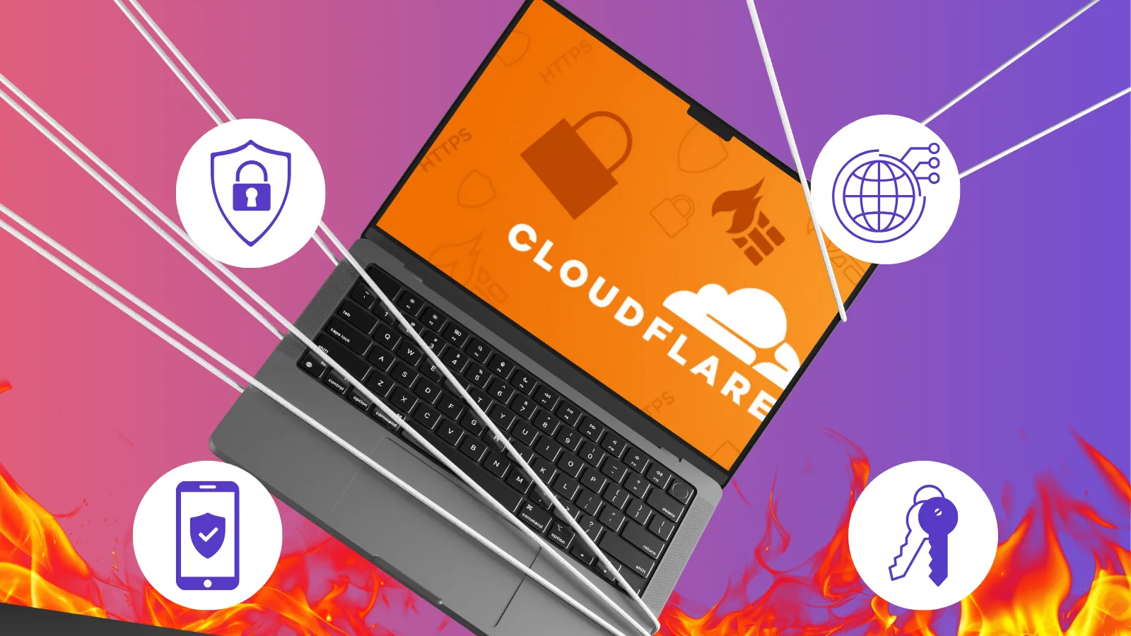 Laptop displaying "Cloudflare" on screen, surrounded by security icons like padlocks, keys, and mobile protection, with digital fire and network lines—symbolizing cybersecurity, IoT infrastructure, and internet failure risks.