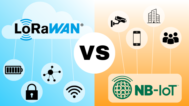 Comparison graphic of LoRaWAN vs. NB-IoT for IoT connectivity. Left side shows LoRaWAN with icons for battery, security, sensors, and Wi-Fi; right side shows NB-IoT with icons for surveillance, smartphones, buildings, and users — highlighting different use cases.