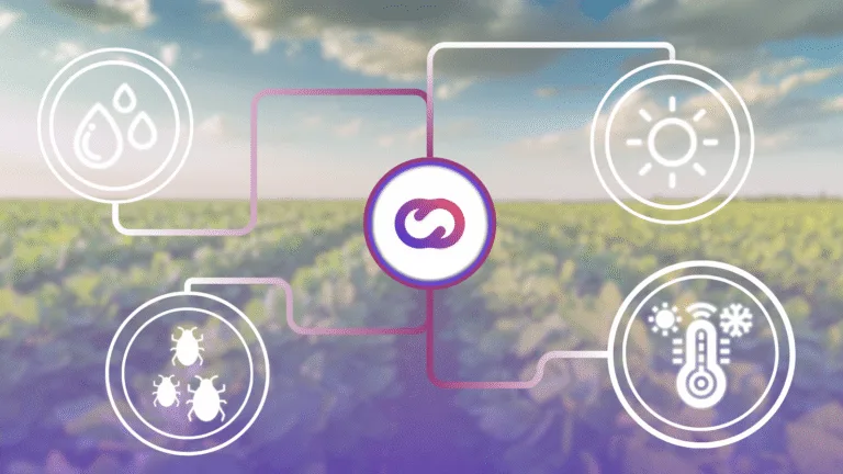Ilustración sobre IoT en agricultura con el logo de Cloud Studio en el centro, conectado a iconos de agua, luz solar, plagas y temperatura, sobre un campo de cultivo — simbolizando agricultura inteligente y monitoreo ambiental.