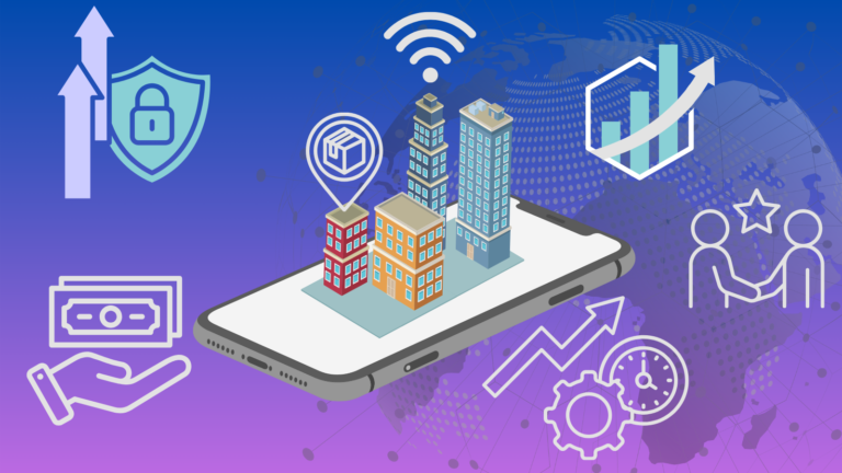 Illustration of a smart city emerging from a mobile phone, representing IoT connectivity and business growth, with icons symbolizing security, analytics, automation, customer satisfaction, and financial benefits.