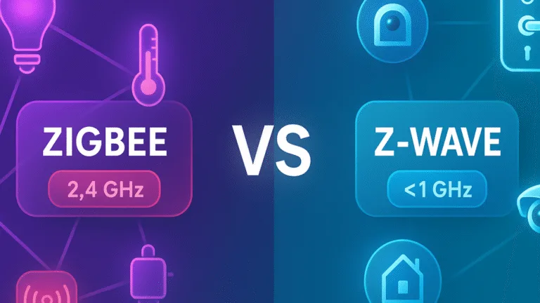 Gráfico comparativo lado a lado con el texto “Zigbee vs Z-Wave”. Zigbee está etiquetado con “2,4 GHz” en una sección púrpura, mientras que Z-Wave aparece en azul con “