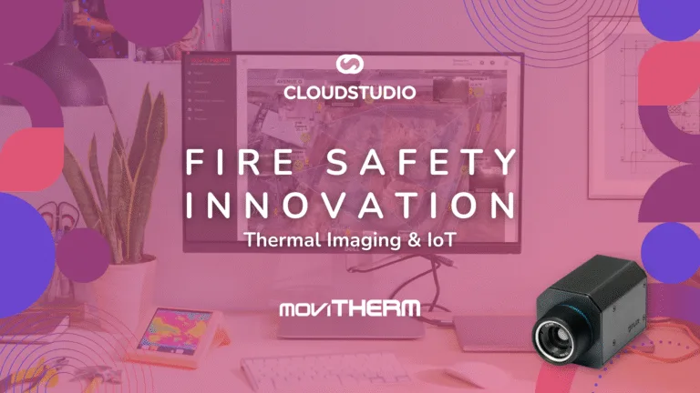 Featured image showing Cloud Studio and Movitherm collaboration on fire safety solutions through thermal imaging and IoT, displayed in a modern workspace.