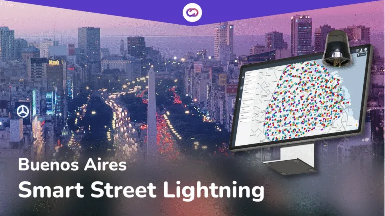 Imagen promocional del proyecto de Alumbrado Público Inteligente en Buenos Aires. Se muestra una vista urbana de la ciudad al atardecer junto a un monitor con el panel de gestión de luminarias inteligentes, impulsado por la plataforma IoT en la nube de Cloud Studio.