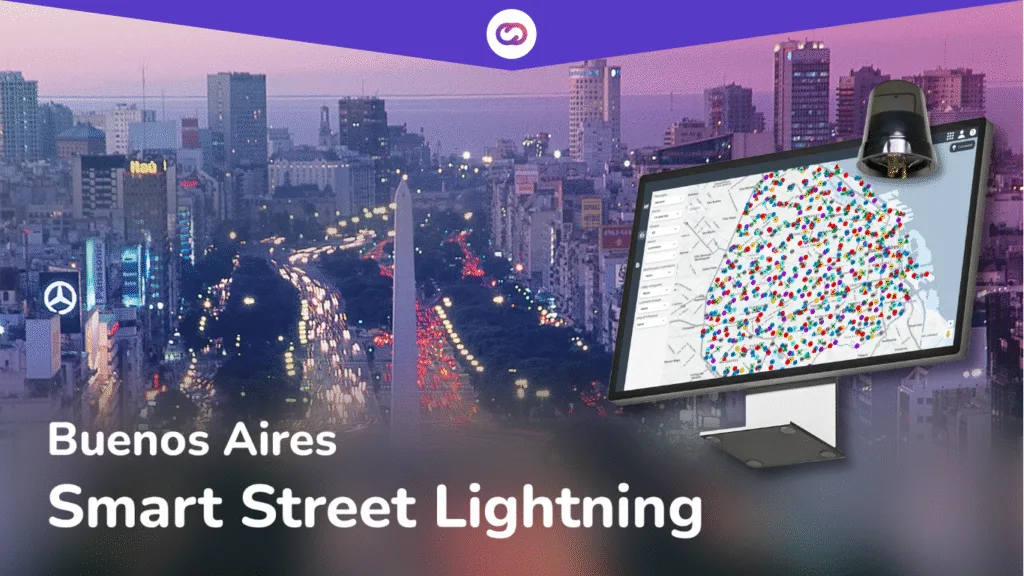 Promotional banner for the Buenos Aires Smart Street Lighting project. The image shows a cityscape of Buenos Aires at dusk with a computer monitor displaying a smart streetlight management dashboard, powered by Cloud Studio IoT’s cloud-based platform.