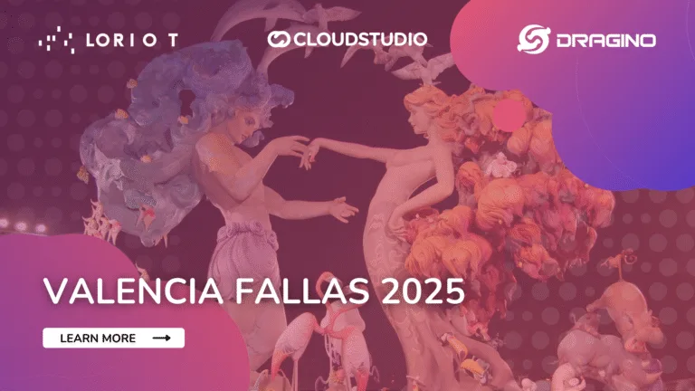 Visual banner showcasing the IoT project at Las Fallas de Valencia, featuring festival sculptures and the logos of Cloud Studio IoT, Loriot, and Dragino. Highlights the use of a cloud-based IoT platform for real-time monitoring during the celebration.