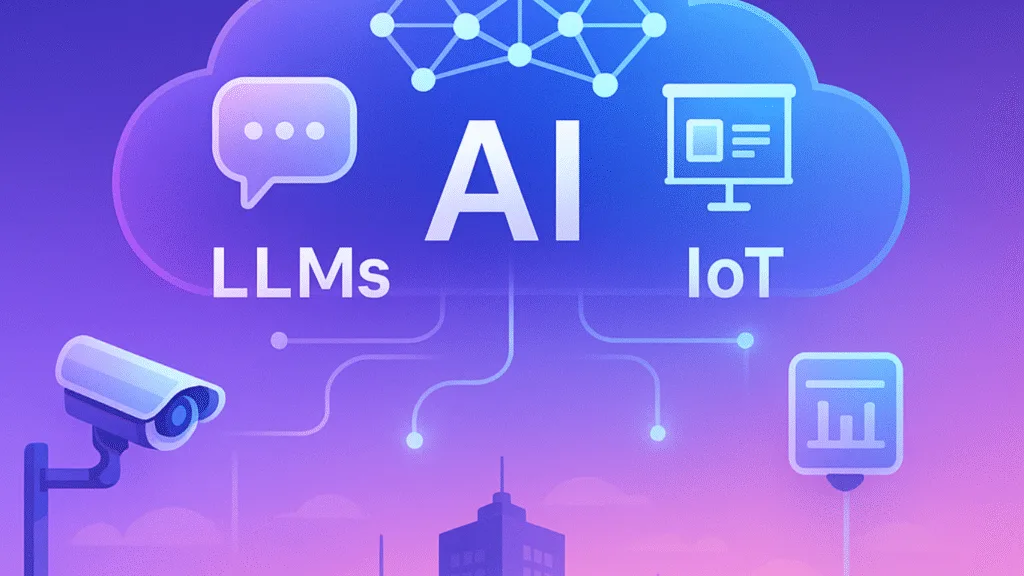 Ilustración estilizada que muestra una nube con el texto “IA” conectada a íconos que representan modelos de lenguaje (LLMs), IoT, cámaras de vigilancia, sensores inteligentes y análisis de datos. El fondo tiene un degradado de púrpura y rosa, con un horizonte urbano en silueta debajo.