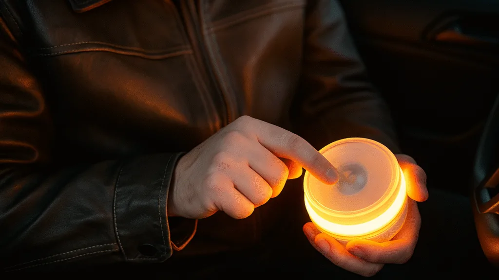 Persona activando una Baliza V16 Conectada dentro de un vehículo. La baliza emite una luz ámbar intensa, representando su función como dispositivo inteligente de señalización de emergencia. Parte de la nueva generación de soluciones de Baliza V16 con IoT, impulsadas por Cloud Studio IoT y el Internet of Things, esta baliza ofrece una alternativa más segura, rápida y conectada frente a los triángulos tradicionales.