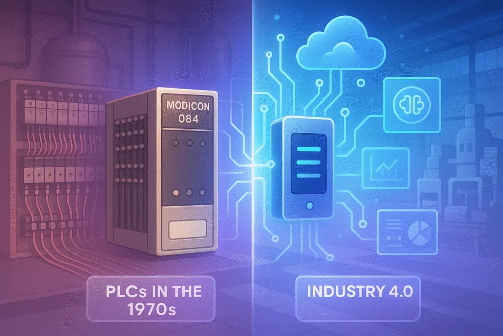 Visual comparison between a 1970s Modicon 084 PLC and a modern cloud-connected PLC representing Industry 4.0. The left side shows the bulky, early PLC model, while the right features a sleek, connected device surrounded by icons for data, analytics, and IoT.