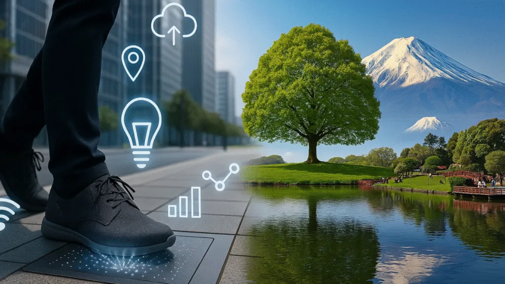 Imagen conceptual de ciudad inteligente con una persona pisando una acera con sensores frente a un lago y el monte Fuji al fondo; íconos digitales representan conectividad IoT, energía y análisis de datos.
