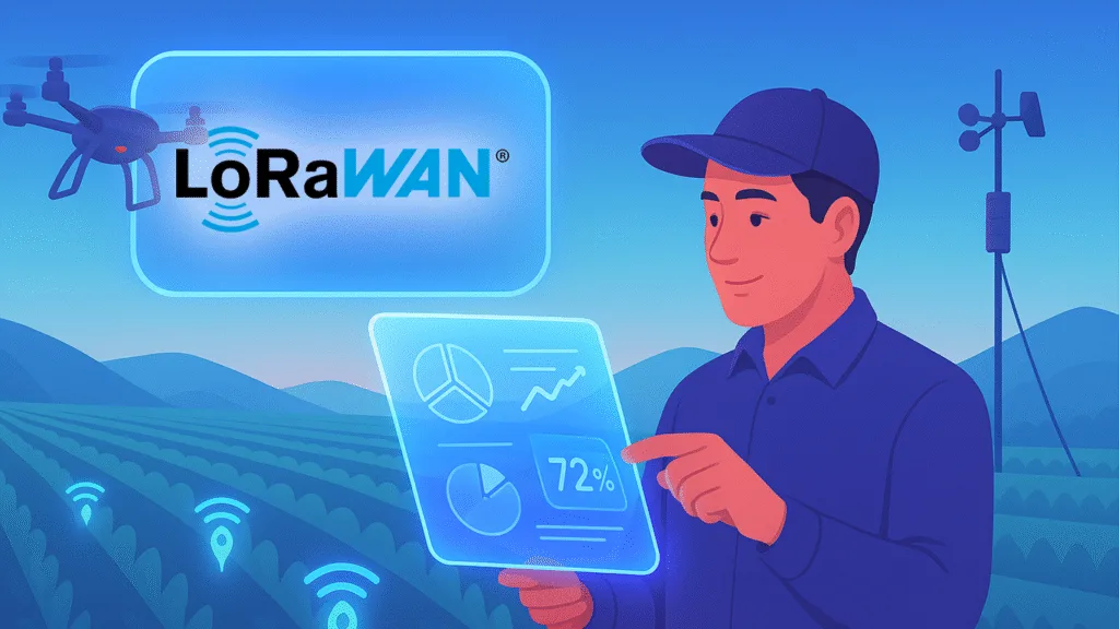 Illustration of a farmer using a digital dashboard to monitor agricultural data powered by LoRaWAN technology. Surrounded by connected sensors in crop fields, a weather station, and a drone, the scene highlights how LoRaWAN enables precision farming and real-time IoT insights for smart agriculture.