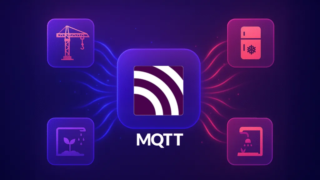 Central MQTT icon with colored data flow lines connecting to four industrial and IoT-related icons: a construction crane, a refrigerator, a water faucet, and a soil moisture sensor, illustrating MQTT’s role in enabling diverse IoT applications across sectors like smart agriculture, industrial automation, and cold chain monitoring.