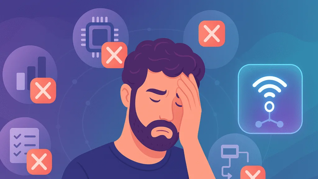 Frustrated man holding his head, surrounded by red X icons and disconnected IoT elements like charts, processors, workflows, and connectivity symbols, representing common IoT implementation mistakes such as poor planning, integration issues, and communication failures.