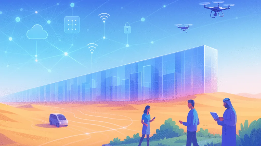 Ilustración de The Line City en el desierto saudí, destacando su visión de ciudad inteligente impulsada por Cloud Studio IoT. En primer plano, personas interactúan con dispositivos conectados, mientras drones y elementos digitales como Wi-Fi, nube y seguridad flotan sobre el horizonte lineal. Esta imagen representa cómo la infraestructura IoT en The Line, habilitada por una plataforma IoT avanzada, impulsa el futuro de las Smart Cities.