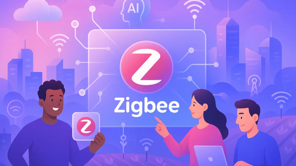 Illustration of three people interacting with Zigbee technology. The Zigbee logo is prominently displayed in the center, surrounded by icons representing wireless communication and smart city elements in the background.