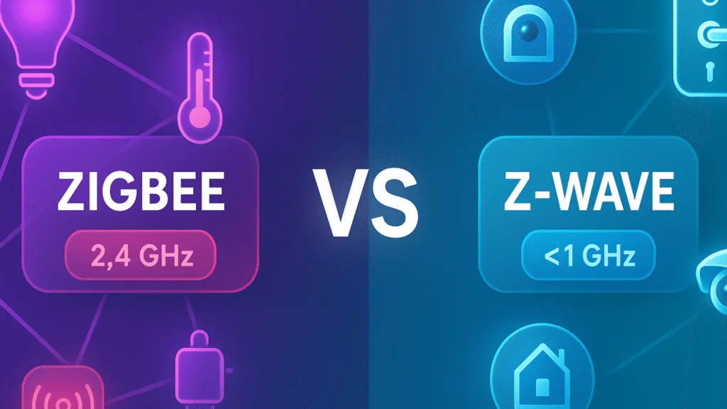 Side-by-side comparison graphic showing “Zigbee vs Z-Wave.” Zigbee is labeled with “2.4 GHz” in a purple section, while Z-Wave appears in blue with “