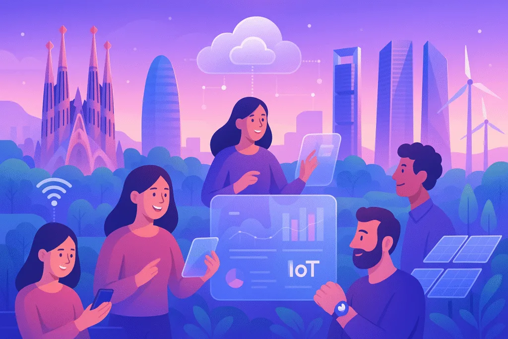 Illustration of a smart city meeting in Barcelona, featuring diverse people interacting with futuristic IoT dashboards, cloud computing, and digital data visualizations. Iconic Barcelona landmarks like the Sagrada Família and Torre Glòries appear in the background, with a connected smart city skyline.