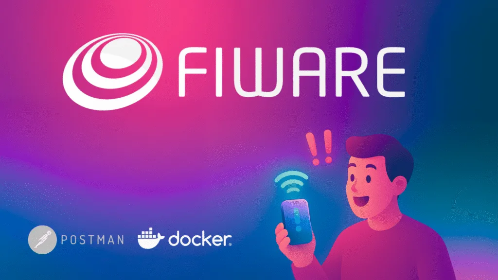 Illustration showing the FIWARE logo alongside Docker and Ubuntu logos, with a character holding a smartphone emitting a wireless signal — symbolizing open-source IoT connectivity.