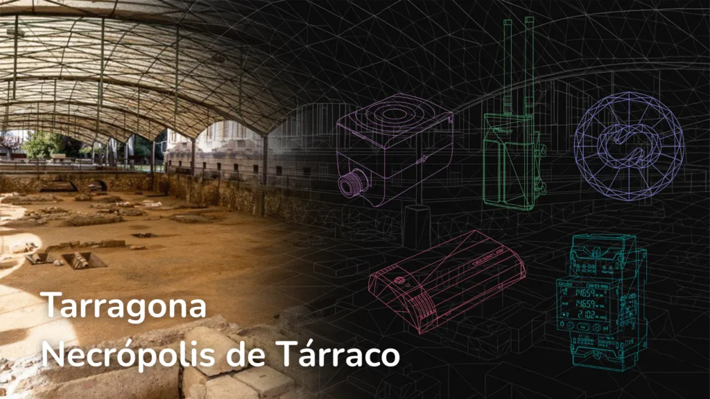 Visual representation of the Tárraco Necropolis in Tarragona, blending a real photo of the archaeological site with digital wireframes of IoT (Internet of Things) sensors. The image symbolizes Smart Heritage and on-field installation efforts for heritage restoration and monitoring at the MNAT (Museu Nacional Arqueològic de Tarragona).