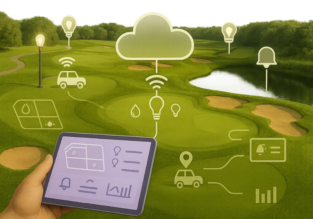 Overhead view of a smart green with tablet interface and connected systems illustrating IoT in golf courses, including lighting, irrigation, and mobility. IoT in golf courses enables real-time control and efficiency.