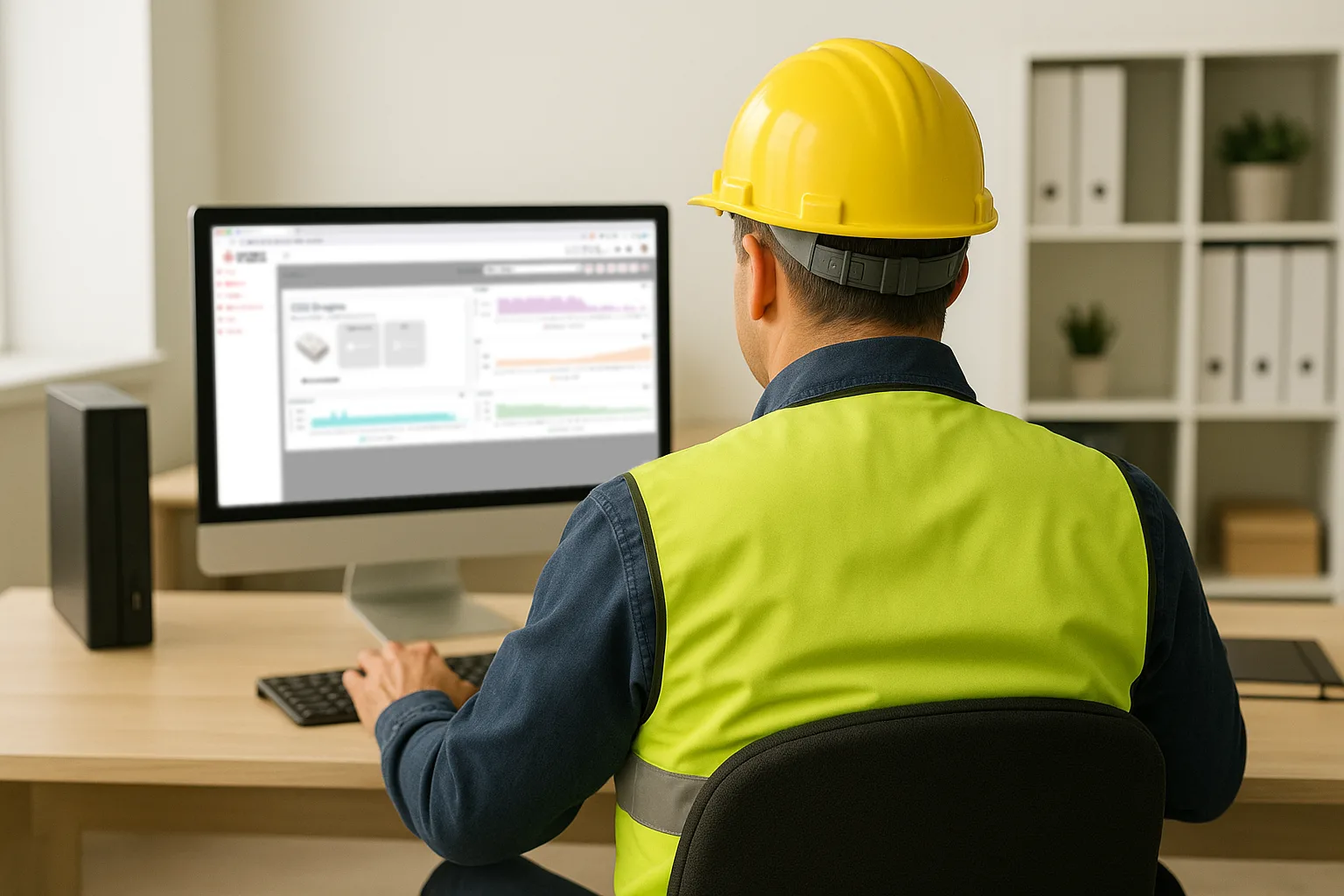 Jefe de obra revisando en su ordenador el dashboard de la plataforma IoT para PRL, con alertas y datos de la monitorización de la obra en tiempo real.