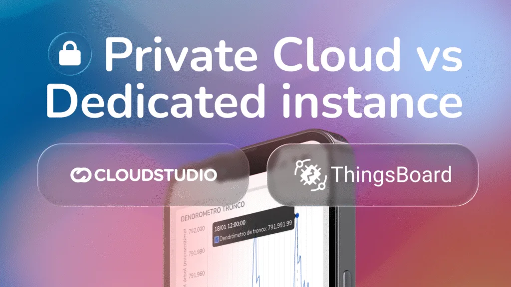 This image is the featured banner for the blog comparing ThingsBoard Private Cloud and the Dedicated Instance from Cloud Studio IoT, available in its Flex and Elite tiers. It shows a mobile device displaying an IoT dashboard from Cloud Studio with a historical trunk dendrometer chart. The logos of Cloud Studio IoT and ThingsBoard Private Cloud are also visible.