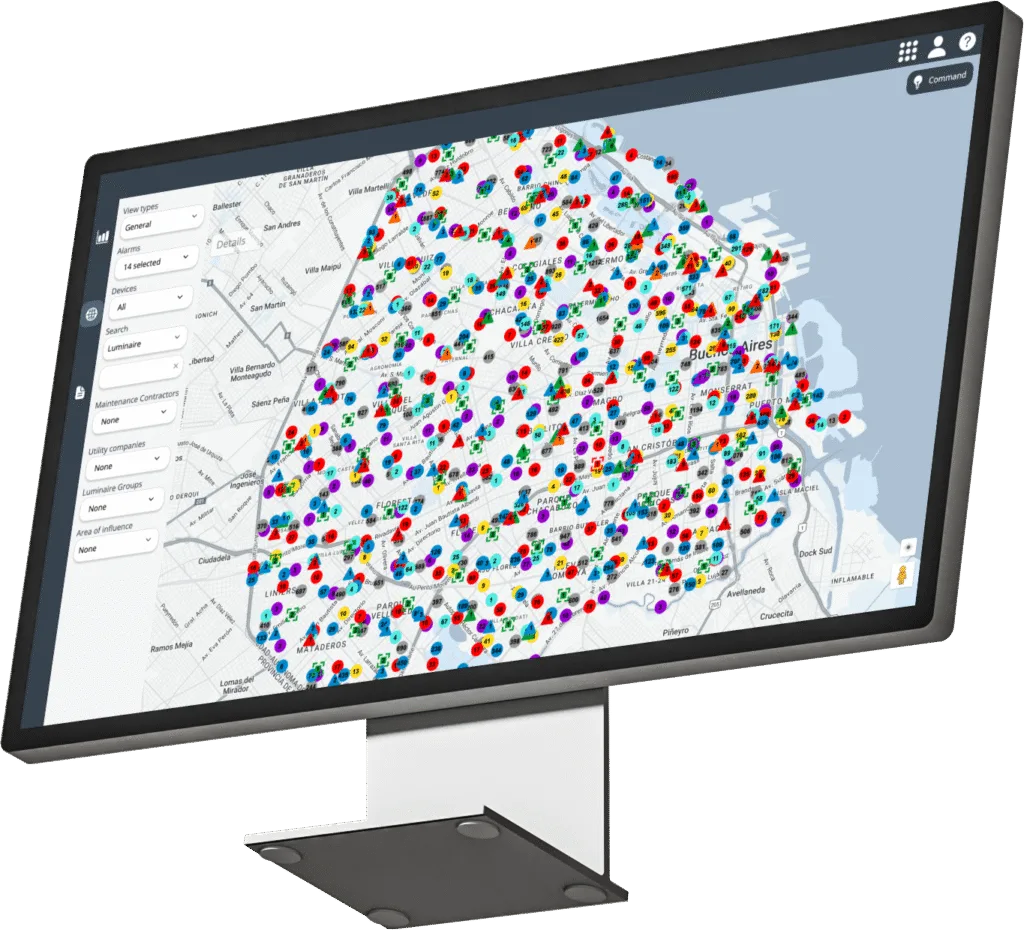 La imagen muestra el dashboard de SmartMation creado exclusivamente para su solución de Smart Street Lightning de la Ciudad de Buenos Aires por Cloud Studio IoT