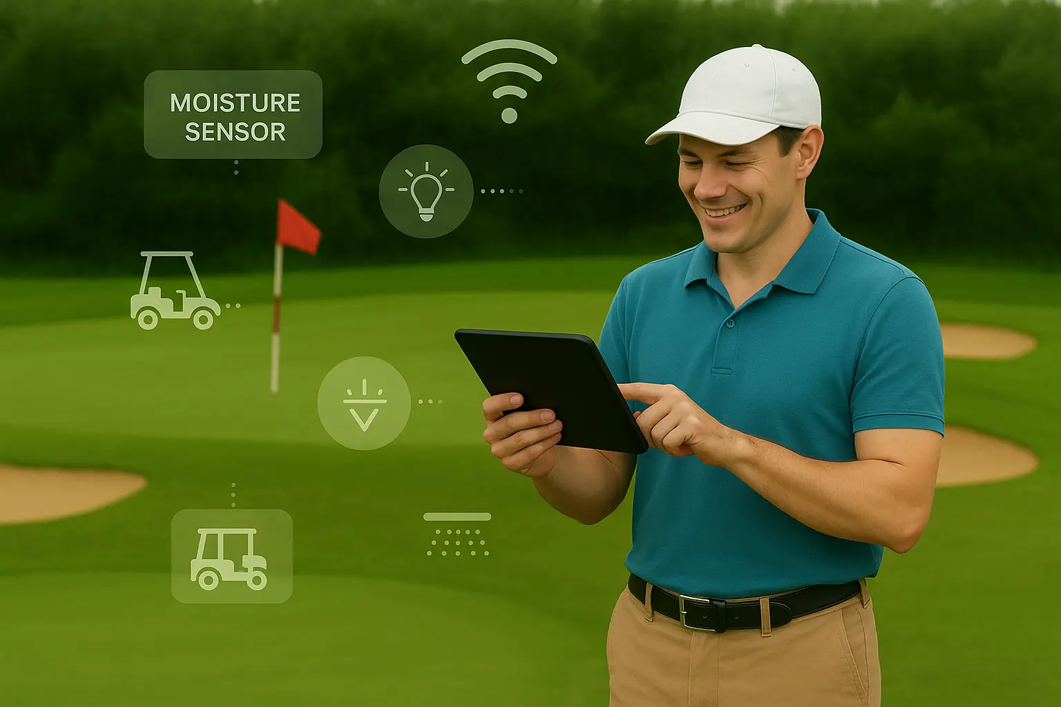 Vista aérea de un campo de golf moderno con dos jugadores sobre el green, rodeados de iconos digitales que representan sensores de humedad, automatización de iluminación, estación de carga para buggies y medidor de consumo, ilustrando la aplicación del IoT en campos de golf para mejorar la eficiencia operativa y la experiencia del jugador.