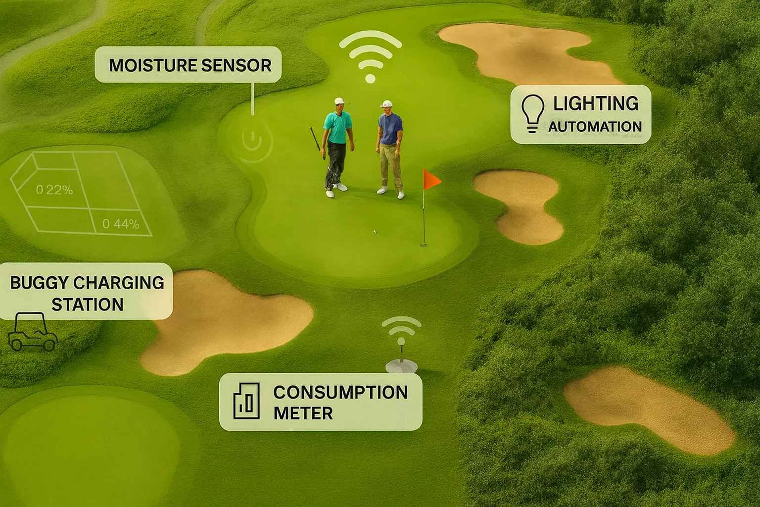 Visualización de soluciones de IoT en campos de golf: sensores de humedad, estaciones de carga para buggies, medidores de consumo y automatización de iluminación integrados en un green, mejorando la eficiencia operativa y la experiencia de los jugadores.