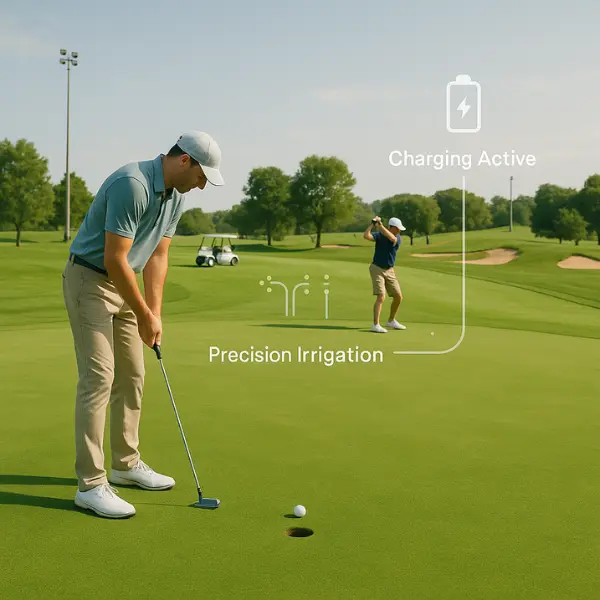 Golfistas realizando putts y swings en un green inteligente mantenido mediante IoT en campos de golf, con superposiciones digitales que muestran riego de precisión y estado de carga de buggies eléctricos.