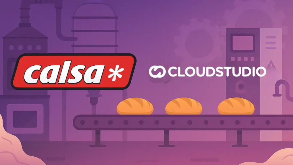 Illustration of CALSA and Cloud Studio IoT partnership for Industrial IoT connectivity in bakery production, featuring IoT-enabled bread manufacturing process.