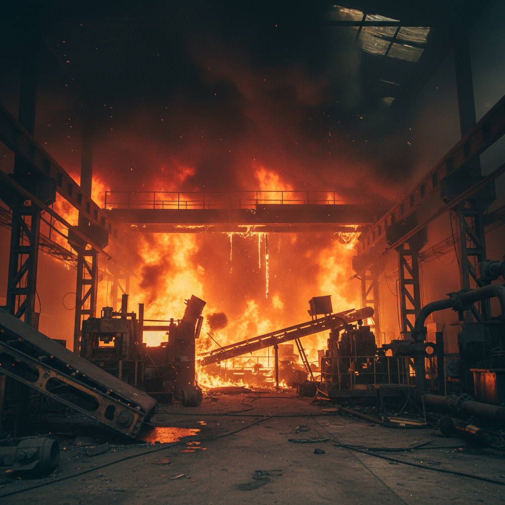 Fábrica en medio de un incendio que no ha podido ser prevenido al no contar con una solución IoT de monitoreo y prevención de incendios como la de Movitherm gracias al uso de Cloud Studio IoT como plataforma IoT Whitelabel para completar su solución integral.